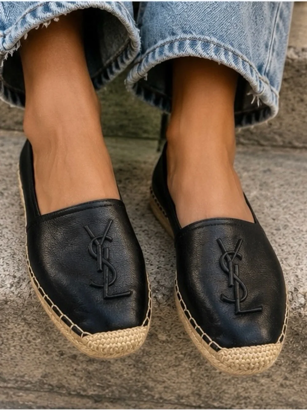 Saint Laurent Paris YSL Logo Black Leather Espadrille Flats 36.5